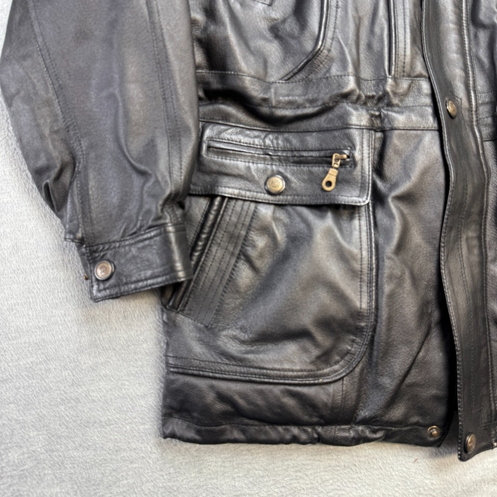 Vintage Leather Jacket Adult L/XL Black Quilt Lined Field Parka Full Zip Cinched - Picture 9 of 16